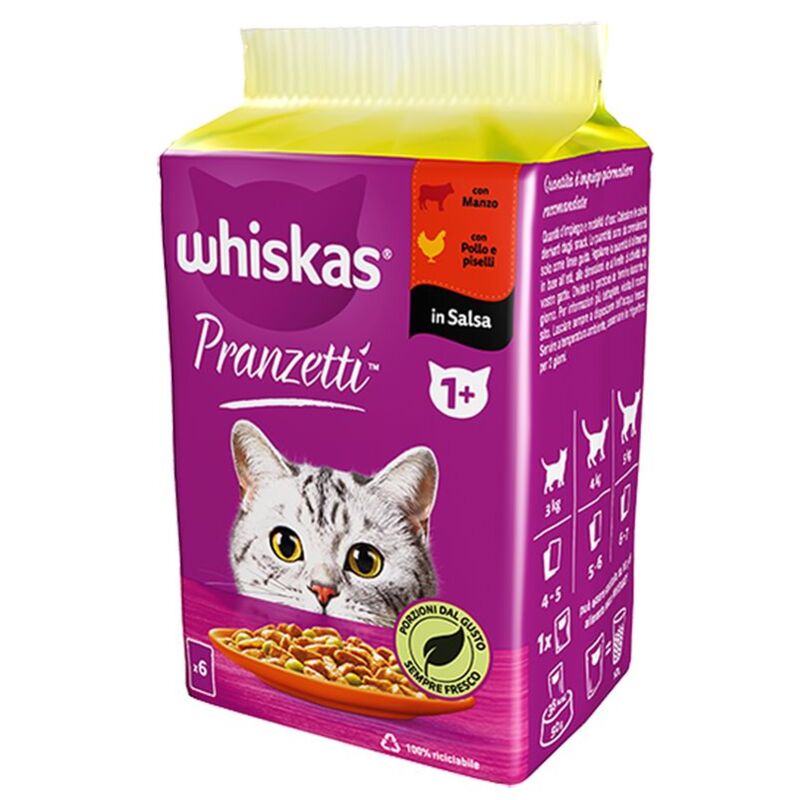 foto del prodotto whiskas cat pranzetti in salsa manzo, pollo e piselli 1 cat pranzetti in salsa manzo, pollo e piselli 1 confezione da 6x50 gr