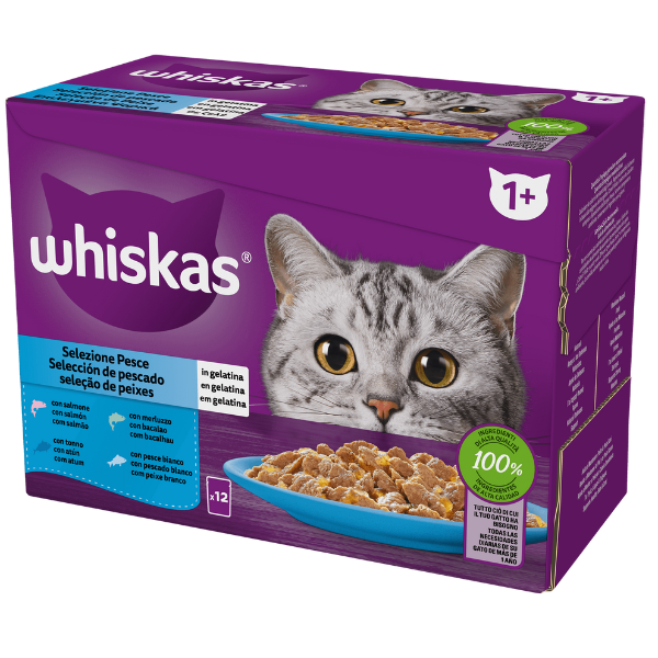 foto del prodotto whiskas ricette in salsa multipack 4 pezzi da 85 gr selezione pesce 1 ordine scegli lo sconto bzr5 bzr20 200 punti fedelt 