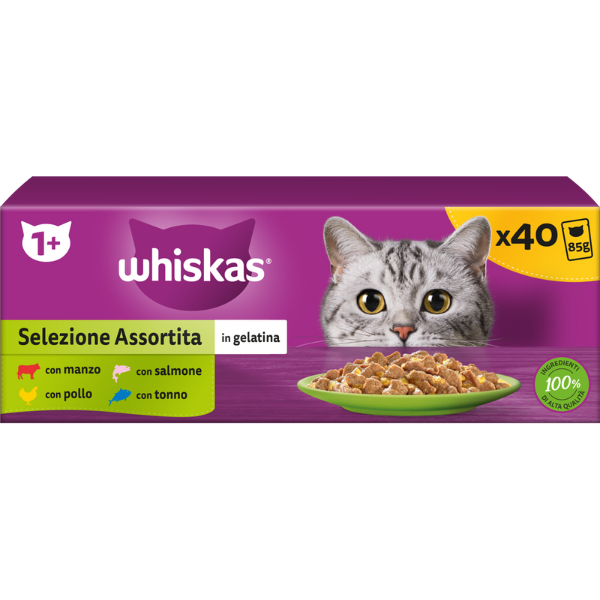foto del prodotto whiskas selezione assortita multipack 40 pezzi da 85 gr multigusto 1 ordine scegli lo sconto bzr5 bzr20 200 punti fedelt 
