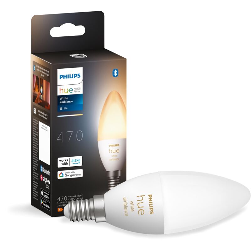 foto del prodotto white ambiance candela smart led, attacco e14, 4w, luce bianca da calda a fredda, dimmerabile, controllo con bluetooth e hue app, funziona con alexa,