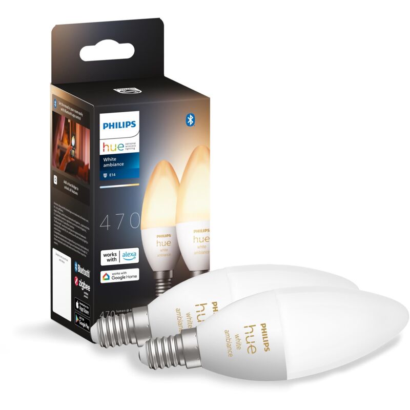 foto del prodotto white ambiance, lampadina led smart, bluetooth, attacco e14, 5w, dimmerabile, luce bianca da calda a fredda, confezione da 2 philips hue