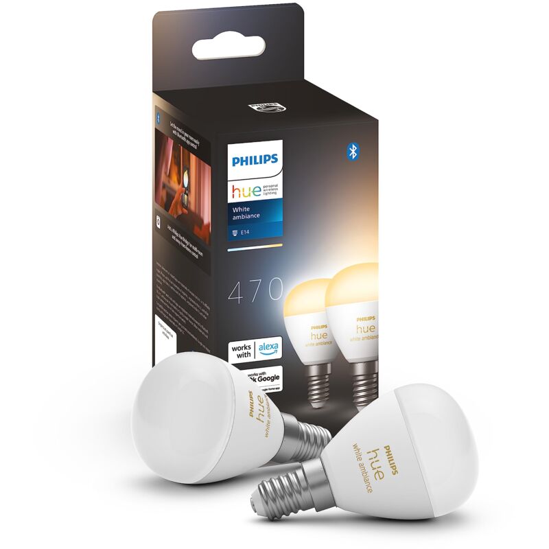 foto del prodotto white ambiance luster, 2 lampadine sferiche smart, luce bianca da calda a fredda, 5.1w, dimmerabile, bianco philips hue