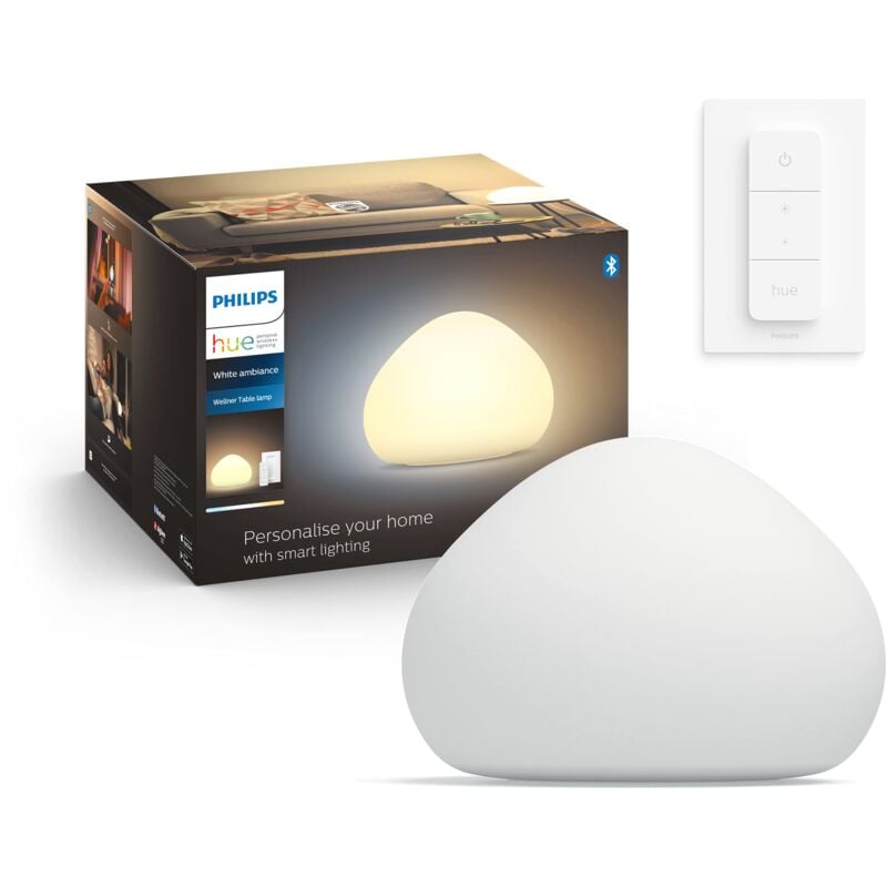 foto del prodotto white ambiance wellner, lampada da tavolo smart, con bluetooth, 9.5w, lampadina led e27 smart inclusa, dimmer switch incluso, bianca philips hue