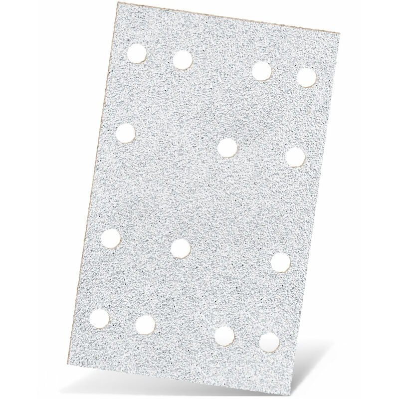foto del prodotto white carte abrasive velcrate, 133 x 80 mm, 14 fori, p. levigatrici orbitali, corindone normale 50 pz. g100 menzer