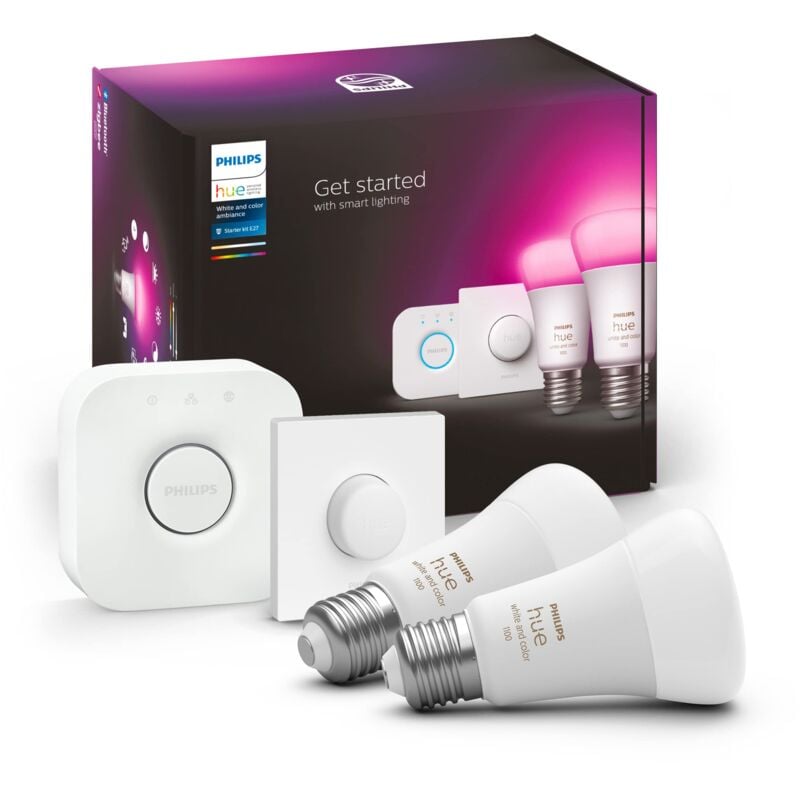 foto del prodotto white color ambiance starter kit 2 lampadine smart, attacco e27, luce bianca e colorata dimmerabili, 9w, hue bridge e telecomando smart button