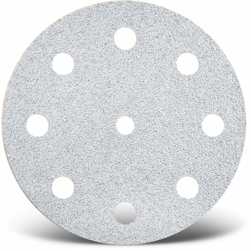 foto del prodotto white dischi abrasivi velcrati, 125 mm, 9 fori, p. levigatrici rotorbitali, corindone normale 50 pz. g400 menzer