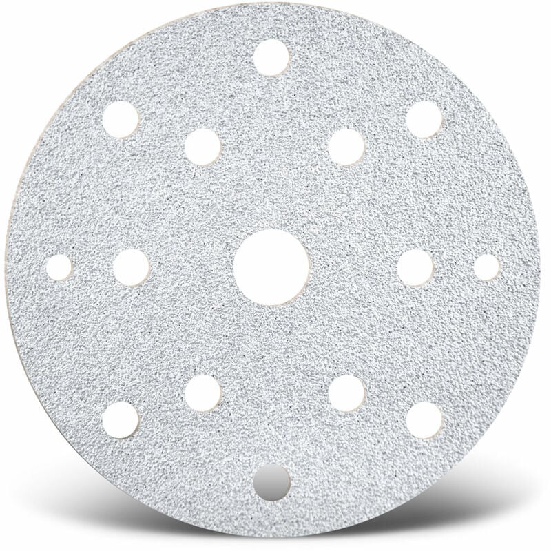 foto del prodotto white dischi abrasivi velcrati, 150 mm, 15 fori, p. levigatrici rotorbitali, corindone normale 50 pz. g100 menzer