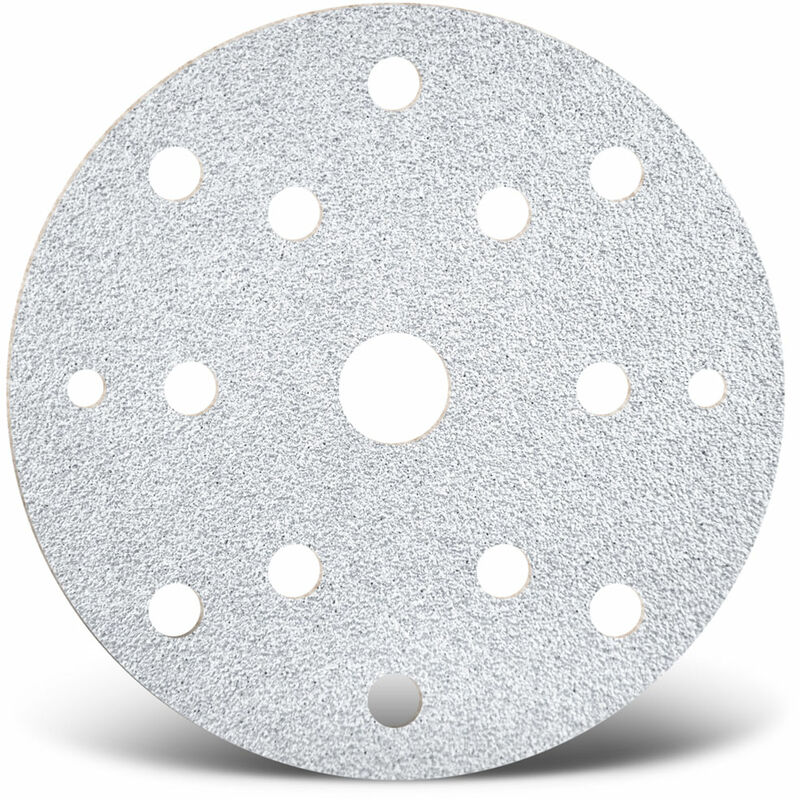 foto del prodotto white dischi abrasivi velcrati, 150 mm, 15 fori, p. levigatrici rotorbitali, corindone normale 50 pz. g120 menzer
