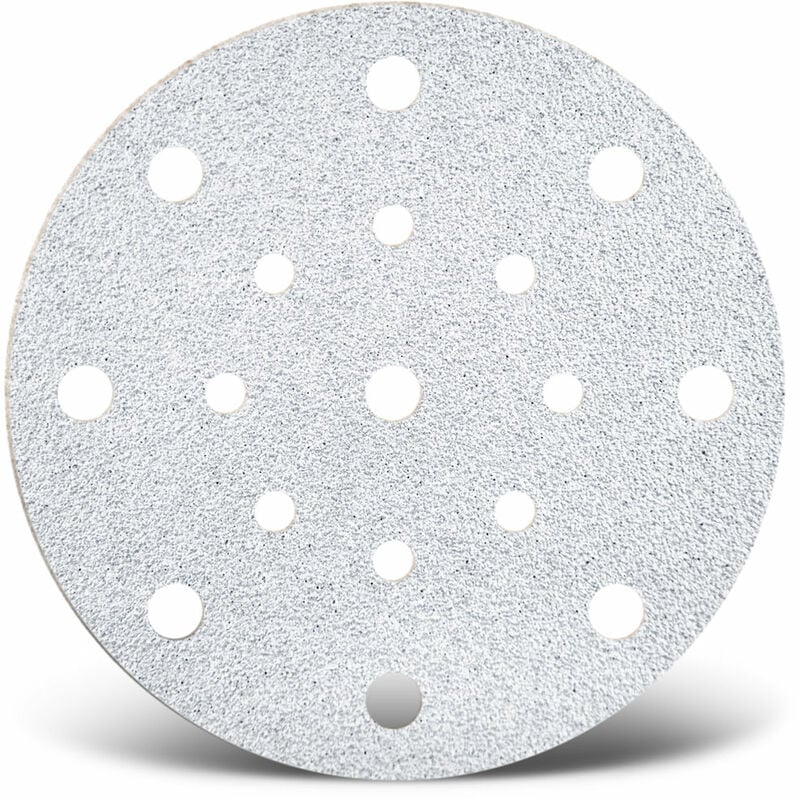 foto del prodotto white dischi abrasivi velcrati, 150 mm, 17 fori, p. levigatrici rotorbitali, corindone normale 50 pz. g80 menzer
