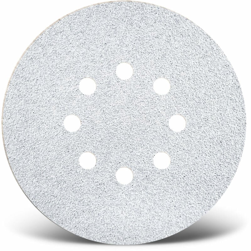 foto del prodotto white dischi abrasivi velcrati, 150 mm, 8 fori, p. levigatrici rotorbitali, corindone normale 50 pz. g120 menzer