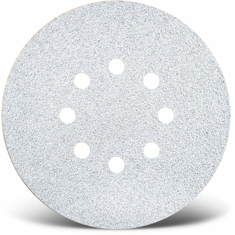 foto del prodotto white dischi abrasivi velcrati, 150 mm, 8 fori, p. levigatrici rotorbitali, corindone normale 50 pz. g80 menzer