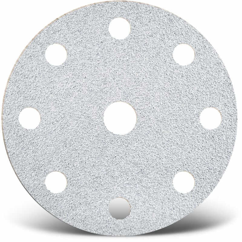 foto del prodotto white dischi abrasivi velcrati, 150 mm, 9 fori, p. levigatrici rotorbitali, corindone normale 50 pz. g100 menzer