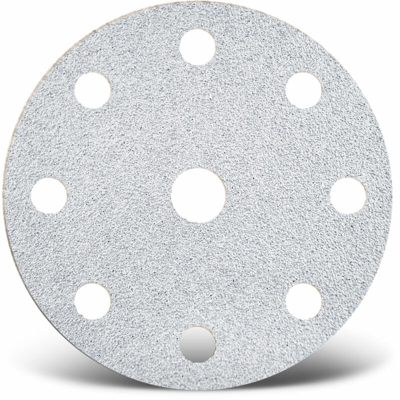 foto del prodotto white dischi abrasivi velcrati, 150 mm, 9 fori, p. levigatrici rotorbitali, corindone normale 50 pz. g320 menzer