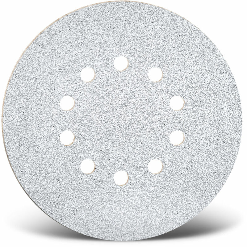 foto del prodotto white dischi abrasivi velcrati, 225 mm, 10 fori, p. levigatrici per muri, corindone normale 25 pz. g100 menzer