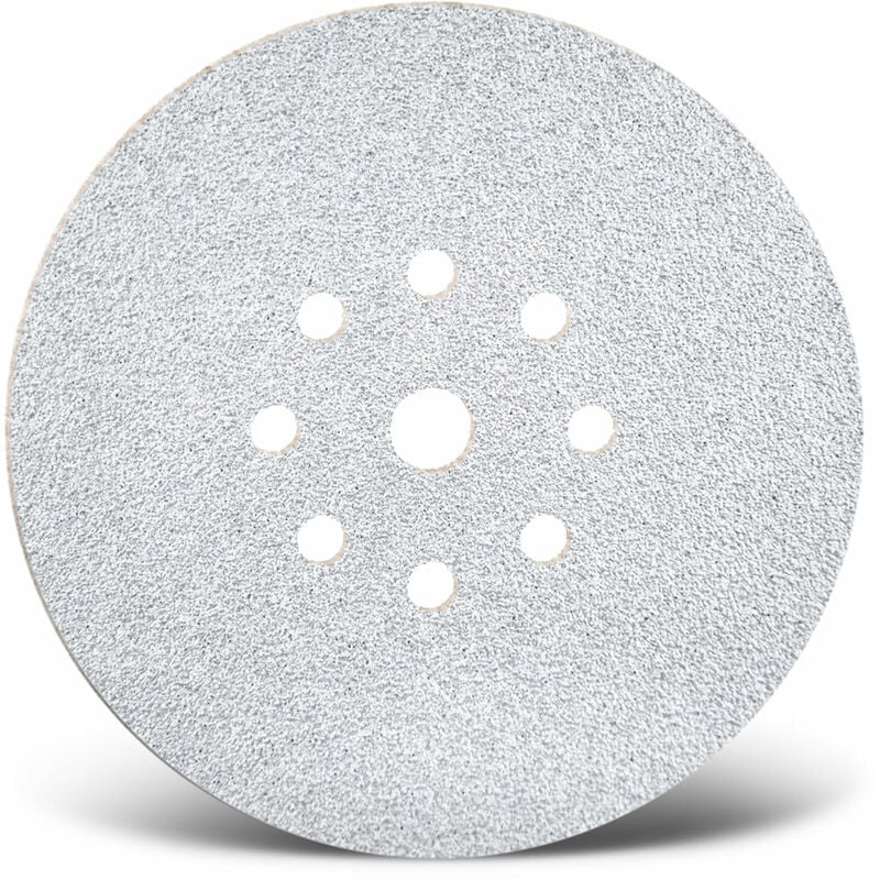 foto del prodotto white dischi abrasivi velcrati, 225 mm, 9 fori, p. levigatrici per muri, corindone normale 25 pz. g240 menzer