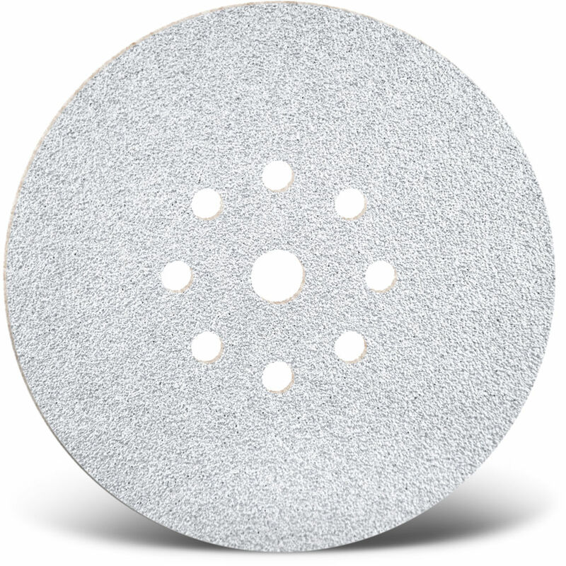 foto del prodotto white dischi abrasivi velcrati, 225 mm, 9 fori, p. levigatrici per muri, corindone normale 5 pz. g150 menzer