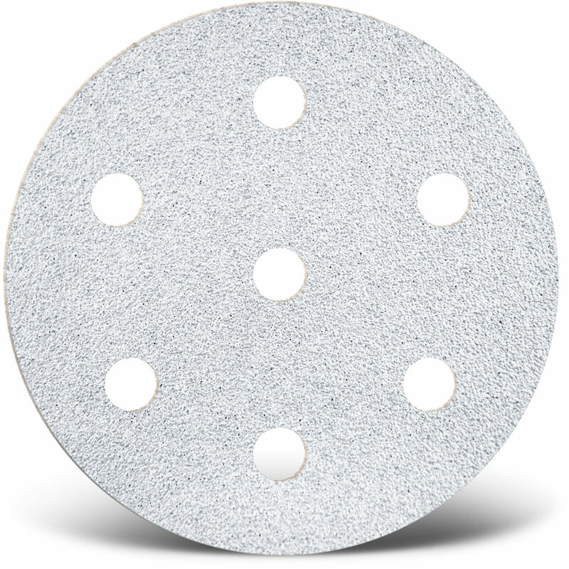 foto del prodotto white dischi abrasivi velcrati, 90 mm, 7 fori, p. levigatrici rotorbitali, corindone normale 50 pz. g400 menzer