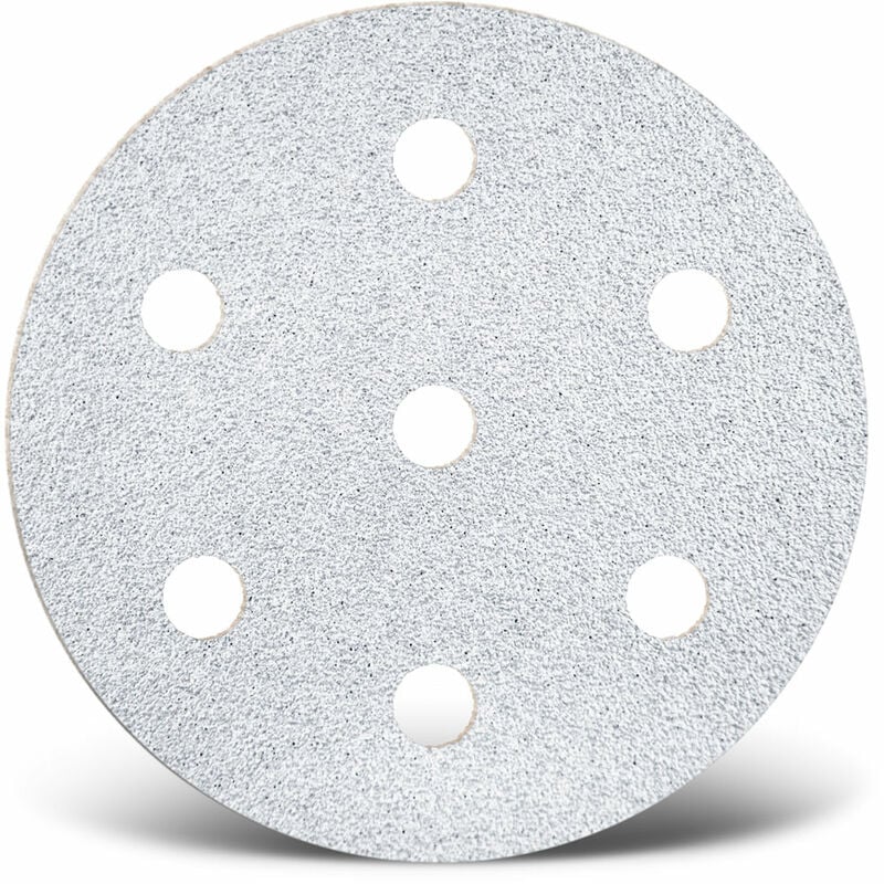foto del prodotto white dischi abrasivi velcrati, 90 mm, 7 fori, p. levigatrici rotorbitali, corindone normale 50 pz. g80 menzer