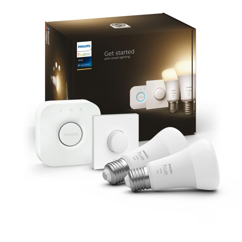foto del prodotto white starter kit con 2 lampadine, con bluetooth, dimmerabili, attacco e27 1 bridge hue controllo completo del sistema 1 telecomando hue smart