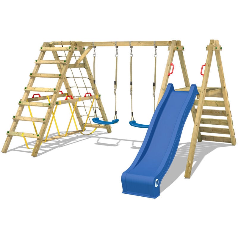 foto del prodotto wickey altalena doppia smart shake con scivolo e struttura per l arrampicata blu
