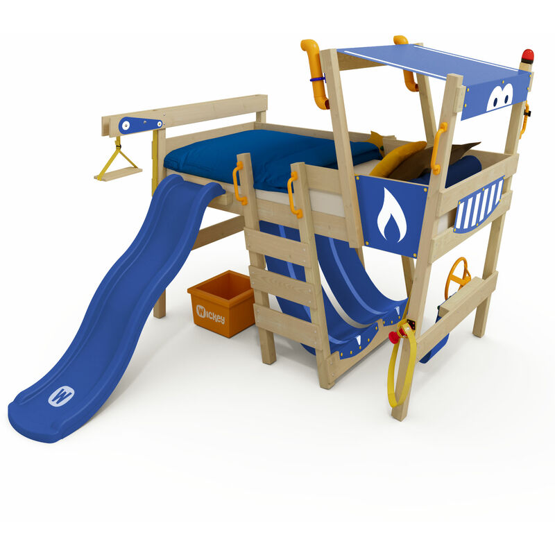 foto del prodotto wickey letti per bambini, letto a soppalco crazy smoky con scivolo culla 90 x 200 cm, letto a castello blu