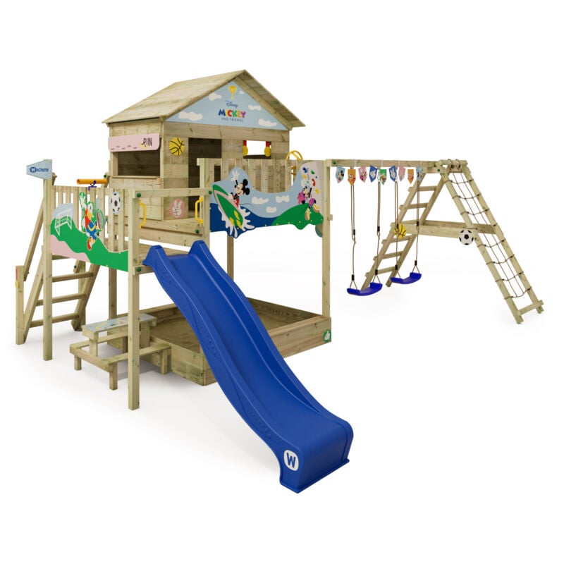foto del prodotto wickey parco giochi in legno disney quest giochi da giardino con altalena e scivolo casa su palafitte da esterno con sabbiera e scala di risalita