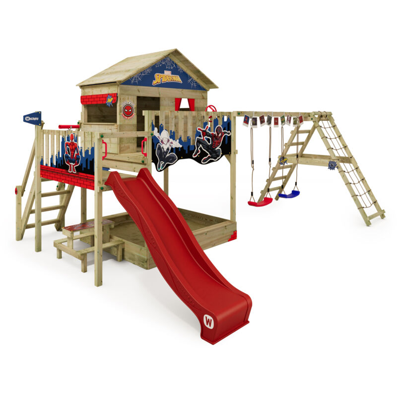 foto del prodotto wickey parco giochi in legno disney quest giochi da giardino con altalena e scivolo casa su palafitte da esterno con sabbiera e scala di risalita