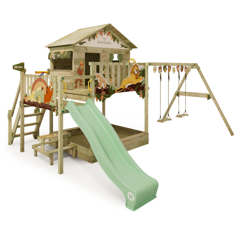 foto del prodotto wickey parco giochi in legno disney saga giochi da giardino con altalena e scivolo casa su palafitte da esterno con sabbiera e scala di risalita