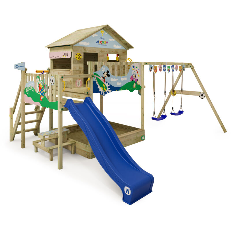 foto del prodotto wickey parco giochi in legno disney saga giochi da giardino con altalena e scivolo casa su palafitte da esterno con sabbiera e scala di risalita