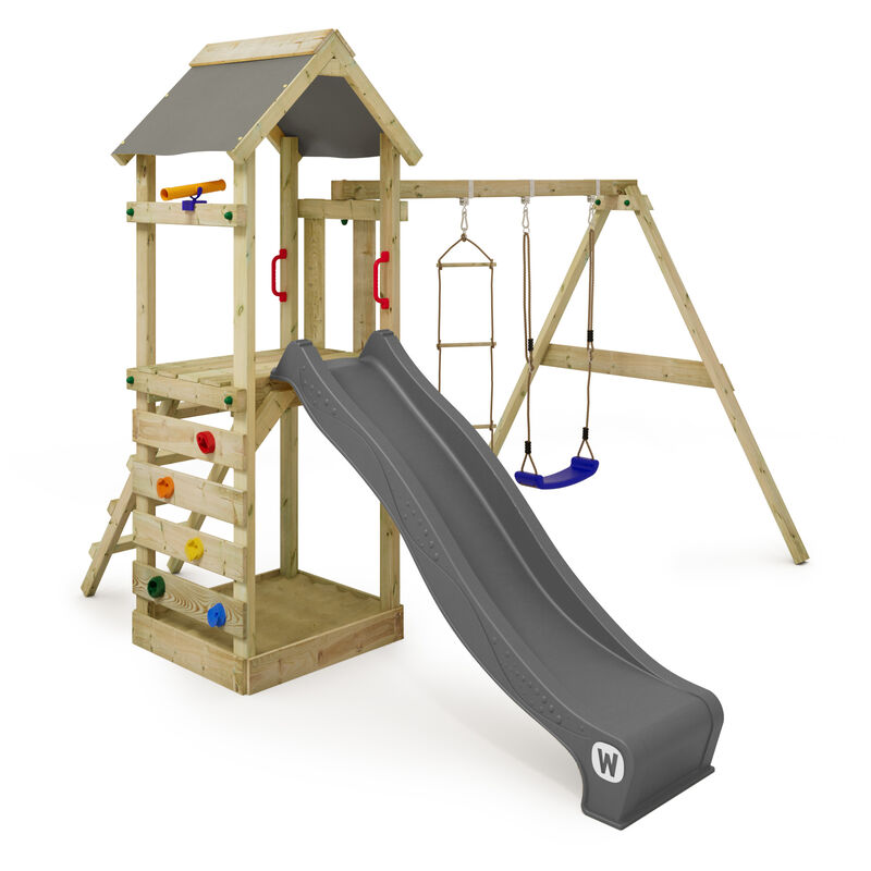 foto del prodotto wickey parco giochi in legno freeflyer giochi da giardino con altalena e scivolo torre d arrampicata da esterno con sabbiera e scala di risalita