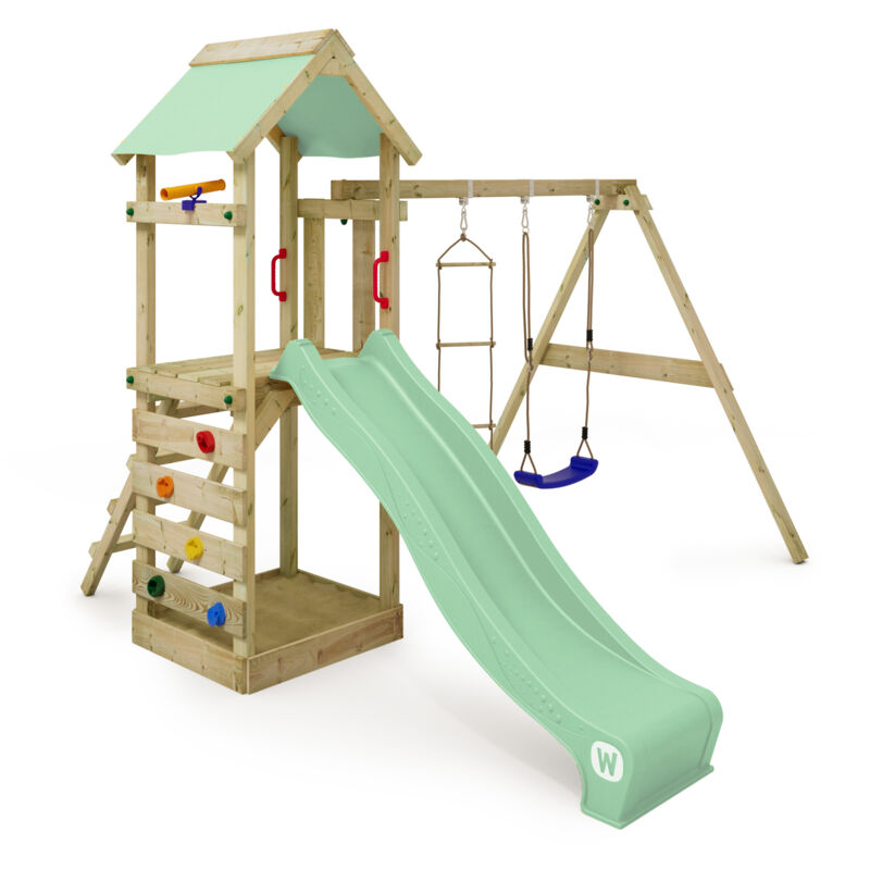 foto del prodotto wickey parco giochi in legno freeflyer giochi da giardino con altalena e scivolo torre d arrampicata da esterno con sabbiera e scala di risalita