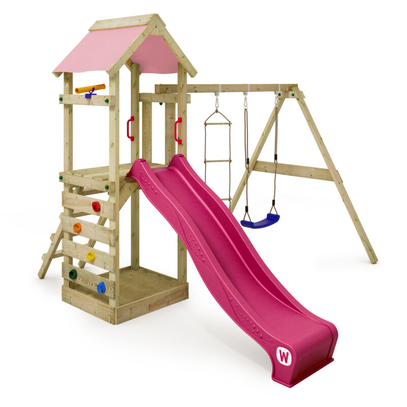 foto del prodotto wickey parco giochi in legno freeflyer giochi da giardino con altalena e scivolo torre d arrampicata da esterno con sabbiera e scala di risalita