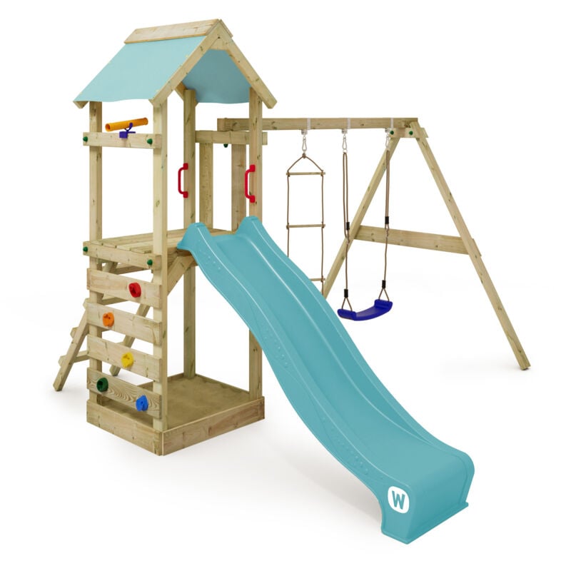 foto del prodotto wickey parco giochi in legno freeflyer giochi da giardino con altalena e scivolo torre d arrampicata da esterno con sabbiera e scala di risalita per