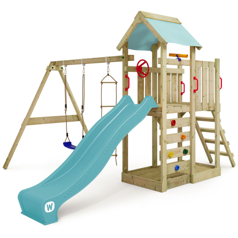 foto del prodotto wickey parco giochi in legno multiflyer giochi da giardino con altalena e scivolo torre d arrampicata da esterno con sabbiera e scala di risalita