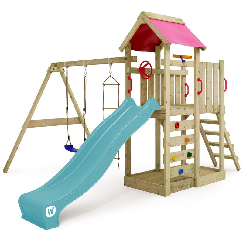 foto del prodotto wickey parco giochi in legno multiflyer giochi da giardino con altalena e scivolo torre d arrampicata da esterno con sabbiera e scala di risalita per