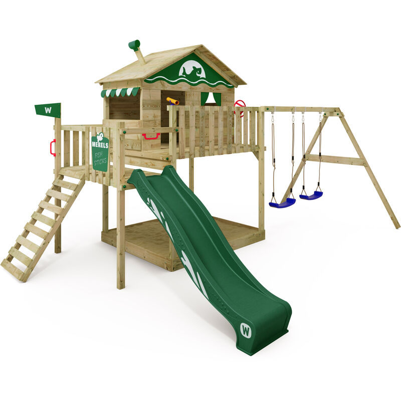 foto del prodotto wickey parco giochi in legno smart coast giochi da giardino con altalena e scivolo casa su palafitte da esterno con sabbiera e scala di risalita