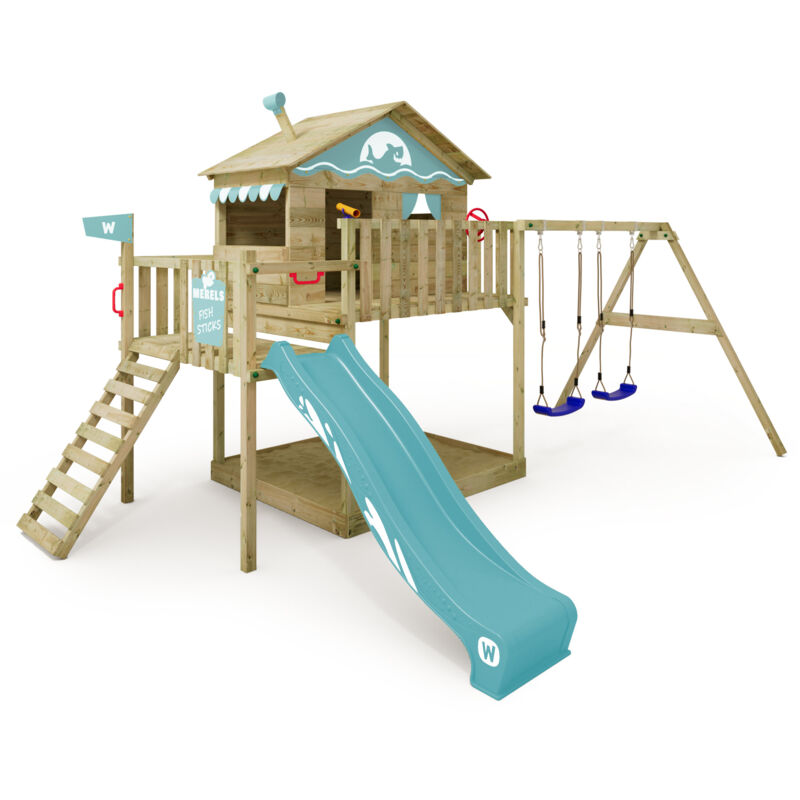 foto del prodotto wickey parco giochi in legno smart coast giochi da giardino con altalena e scivolo casa su palafitte da esterno con sabbiera e scala di risalita