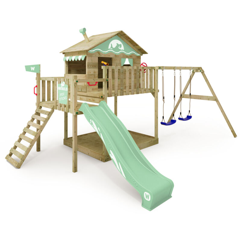 foto del prodotto wickey parco giochi in legno smart coast giochi da giardino con altalena e scivolo casa su palafitte da esterno con sabbiera e scala di risalita