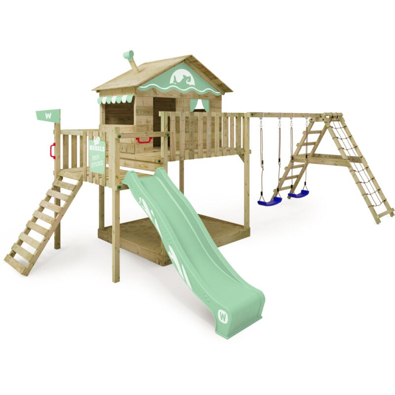 foto del prodotto wickey parco giochi in legno smart ocean giochi da giardino con altalena e scivolo casa su palafitte da esterno con sabbiera e scala di risalita