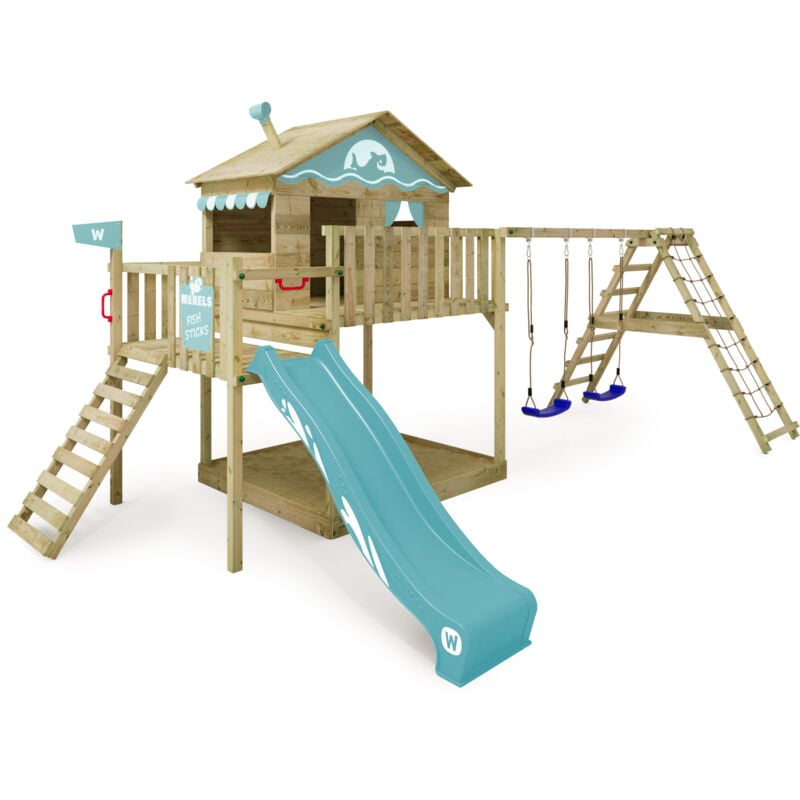 foto del prodotto wickey parco giochi in legno smart ocean giochi da giardino con altalena e scivolo casa su palafitte da esterno con sabbiera e scala di risalita per