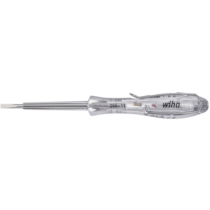 foto del prodotto wiha cercafase softfinish monofase, 110 250 volt a taglio, trasparente, con clip di aggancio 3.0 mm 34745 