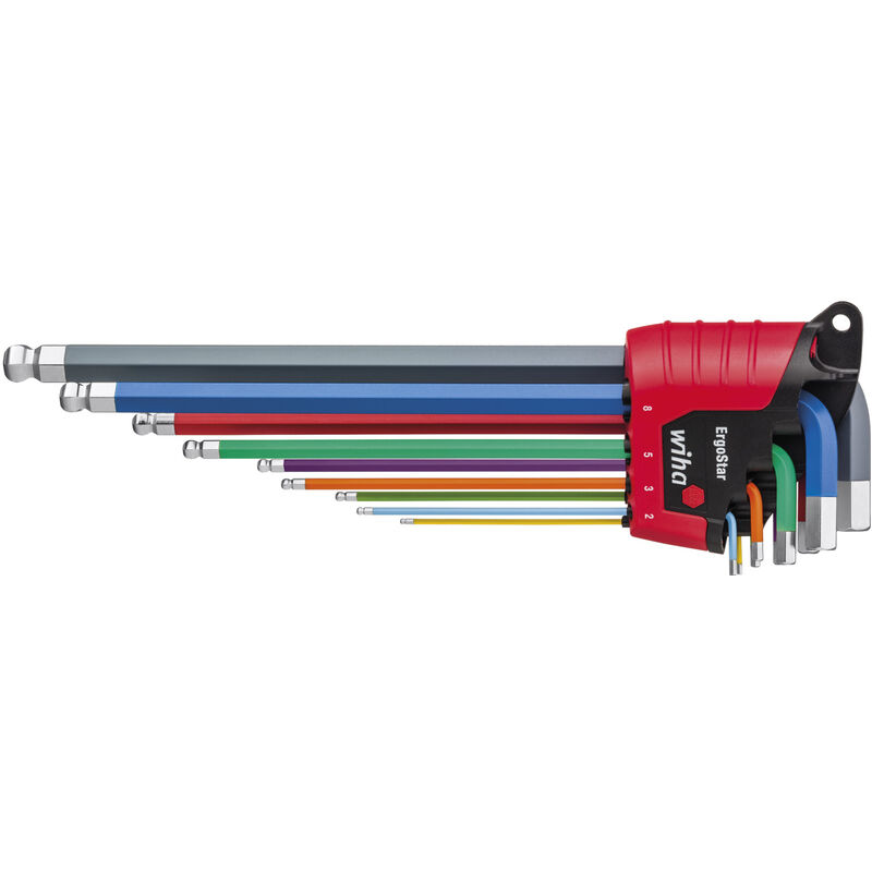 foto del prodotto wiha set di chiavi a brugola in supporto ergostar testa sferica esagonale 10 pz. colori luminos in confezione di cartone da espositore 43849 
