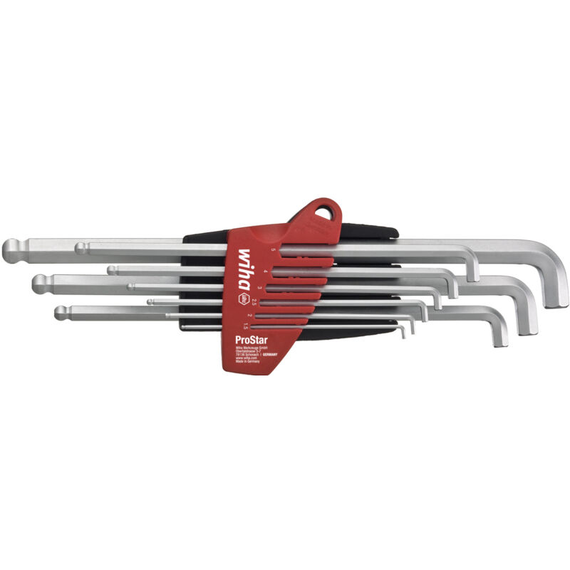 foto del prodotto wiha set di chiavi a brugola in supporto prostar testa sferica esagonale con gambo corto 9 pz. cromatura opaca in confezione di cartone da espositore