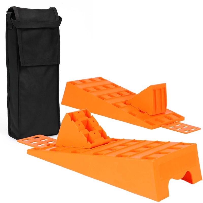 foto del prodotto wiltec 2 cunei ferma ruota per roulotte 3,5 t di portata/coppia, bloccaruote con fermo, livellatori camper in plastica con borsa di trasporto