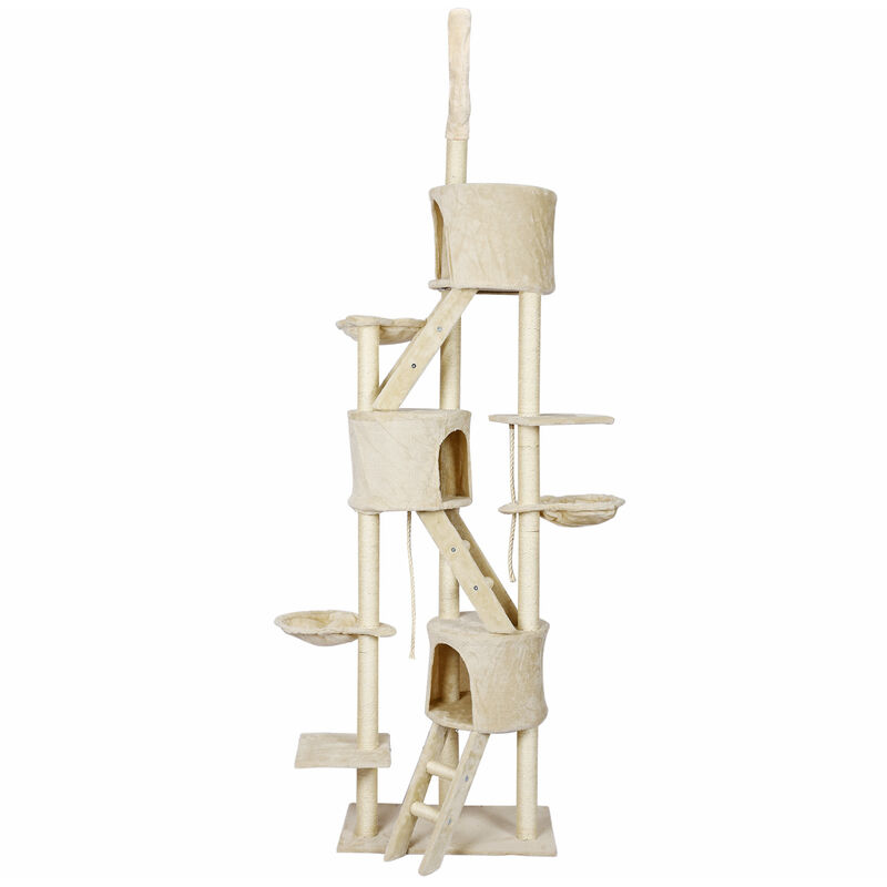 foto del prodotto wiltec albero tiragraffi beige al soffitto con sisal 233 270 cm con amaca e casette per gatti