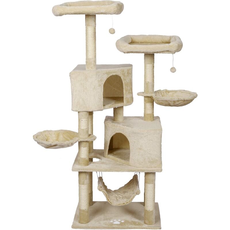 foto del prodotto wiltec albero tiragraffi beige con motivo a zampe 145cm con amache, cucce per gatti e palline