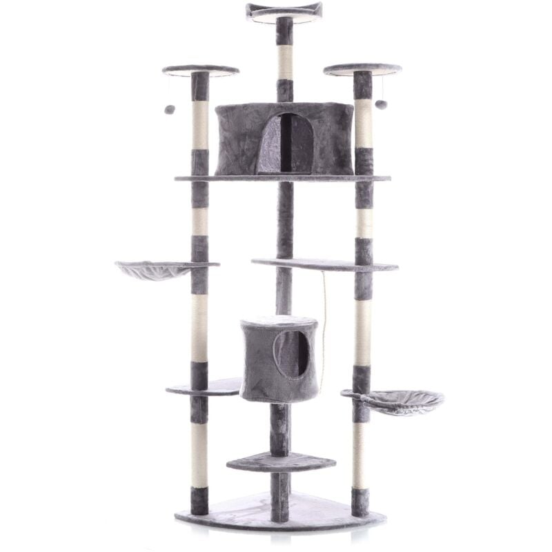 foto del prodotto wiltec albero tiragraffi grigio ad angolo con piattaforme panoramiche, cucce, nicchie e palline