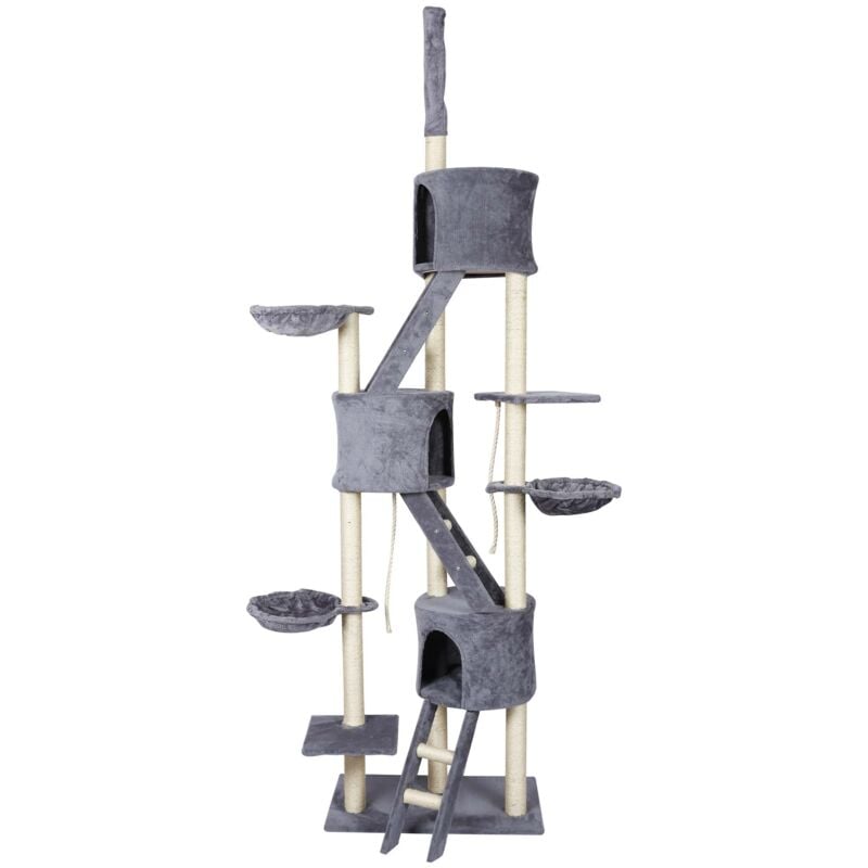 foto del prodotto wiltec - albero tiragraffi grigio chiaro al soffitto con sisal 233-270 cm con amaca e casette per gatti
