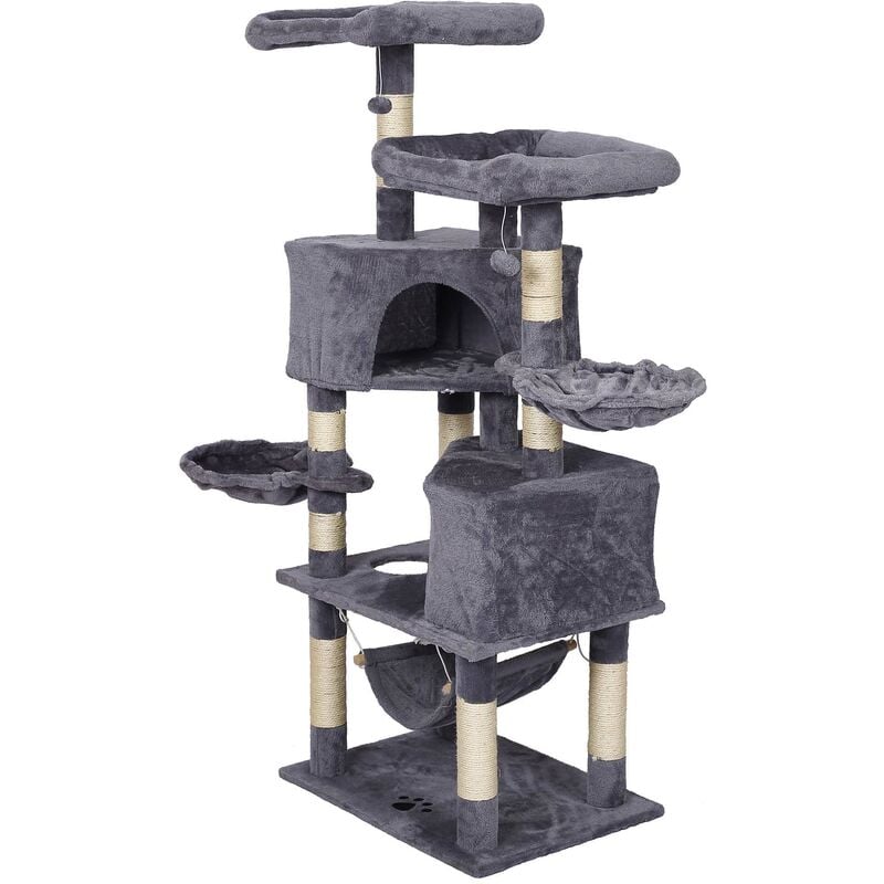 foto del prodotto wiltec albero tiragraffi grigio chiaro con motivo a zampe 145cm con amache, cucce per gatti e palline