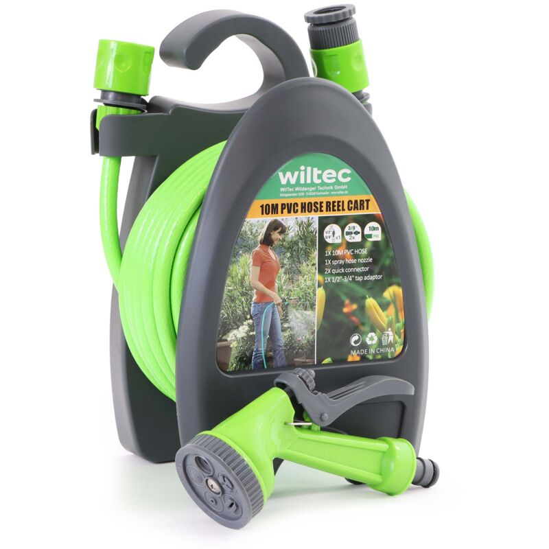 foto del prodotto wiltec avvolgitubo da giardino portatile, con tubo da 10 m e pistola multigetto, pompa per irrigazione e pulizia